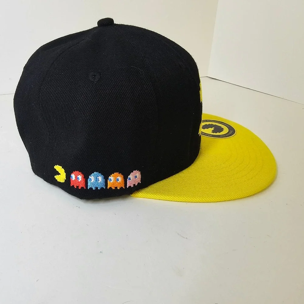 Pac-Man Snapback Hat Black Yellow Pixel Ghost Retro style Flat Bill Cap